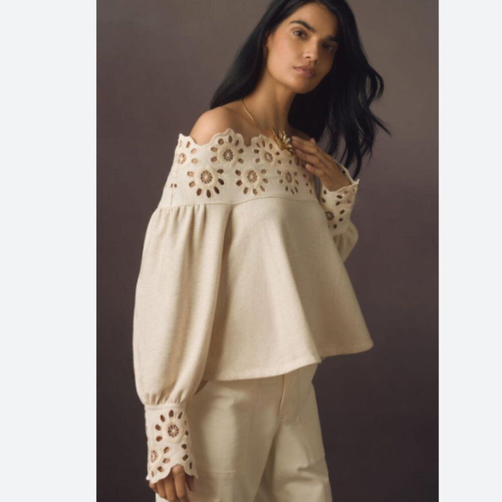 Maeve Eyelet Babydoll Blouse Cream Size M